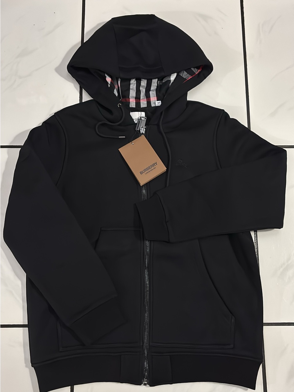Burberry Men's Black Zip-Up Hoodie with Check-Lined Hood